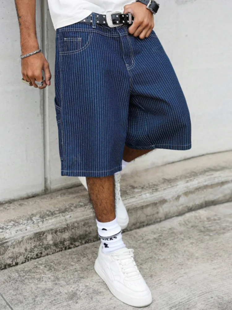 Streetwear Brand Shorts - Vintage Hickory Stripe Baggy Denim Shorts